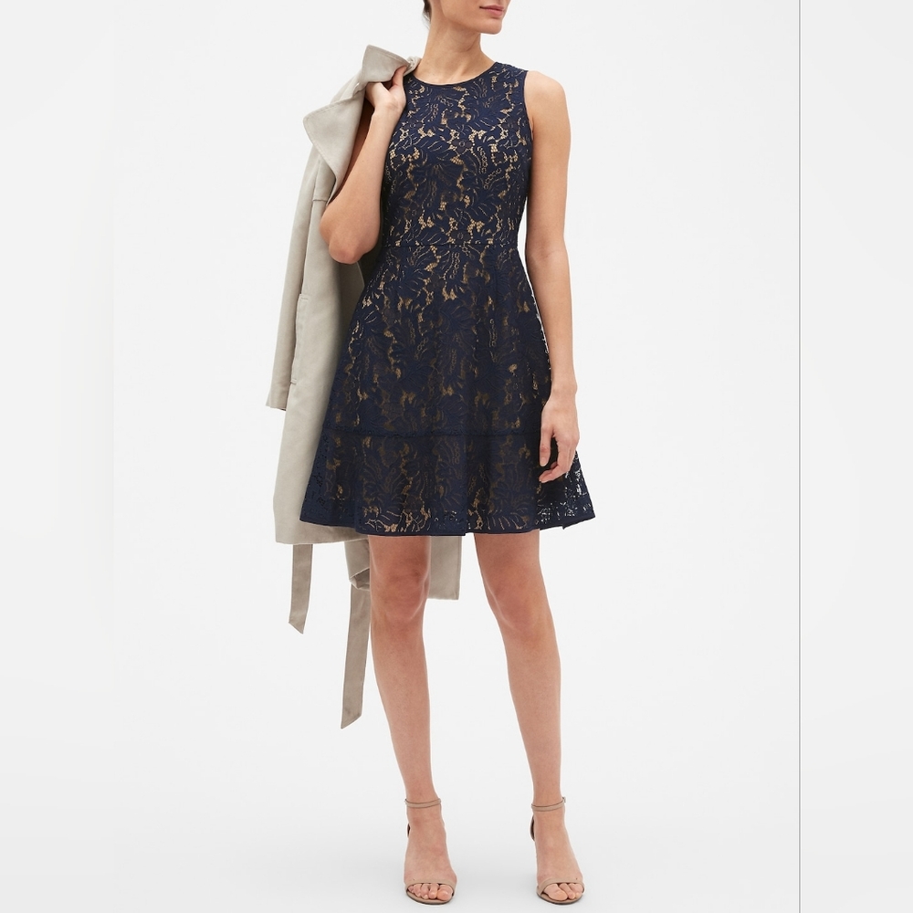 NWT Banana Republic Navy Lace Flutter Hem Fit and Flare Dress - Size 10